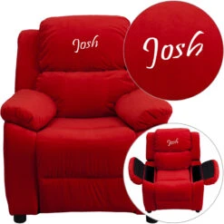 Personalized Deluxe Padded Red Microfiber Kids Recliner With Storage Arms - By Flash Furniture - Madison Seating