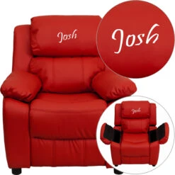 Personalized Deluxe Padded Red Vinyl Kids Recliner With Storage Arms - By Flash Furniture - Madison Seating