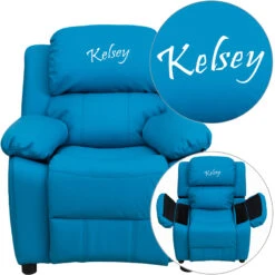 Personalized Deluxe Padded Turquoise Vinyl Kids Recliner With Storage Arms - By Flash Furniture - Madison Seating