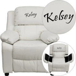 Personalized Deluxe Padded White Vinyl Kids Recliner With Storage Arms - By Flash Furniture - Madison Seating
