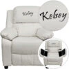 Personalized Deluxe Padded White Vinyl Kids Recliner With Storage Arms - By Flash Furniture - Madison Seating