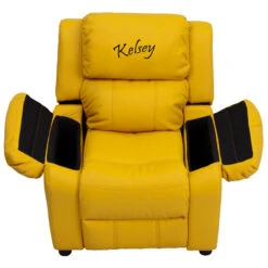 Personalized Deluxe Padded Yellow Vinyl Kids Recliner With Storage Arms - By Flash Furniture - Madison Seating -Furniture Sales Store Personalized Deluxe Padded Yellow Vinyl Kids Recliner with Storage Arms by Flash Furniture 1