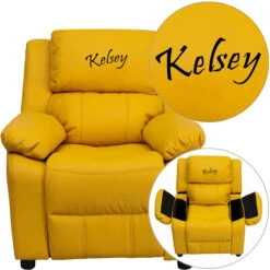Personalized Deluxe Padded Yellow Vinyl Kids Recliner With Storage Arms - By Flash Furniture - Madison Seating