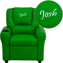 Personalized Green Vinyl Kids Recliner With Cup Holder And Headrest - By Flash Furniture - Madison Seating