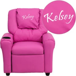 Personalized Hot Pink Vinyl Kids Recliner With Cup Holder And Headrest - By Flash Furniture - Madison Seating