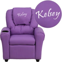 Personalized Lavender Vinyl Kids Recliner With Cup Holder And Headrest - By Flash Furniture - Madison Seating