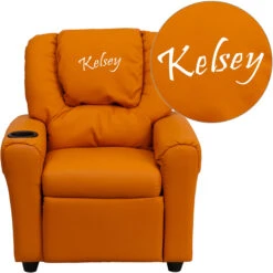 Personalized Orange Vinyl Kids Recliner With Cup Holder And Headrest - By Flash Furniture - Madison Seating