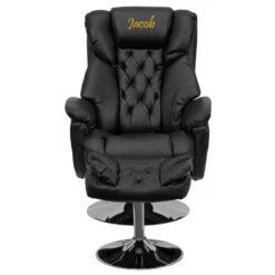 Personalized Transitional Black Leather Recliner And Ottoman With Chrome Base - By Flash Furniture - Madison Seating