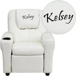 Personalized White Vinyl Kids Recliner With Cup Holder And Headrest - By Flash Furniture - Madison Seating